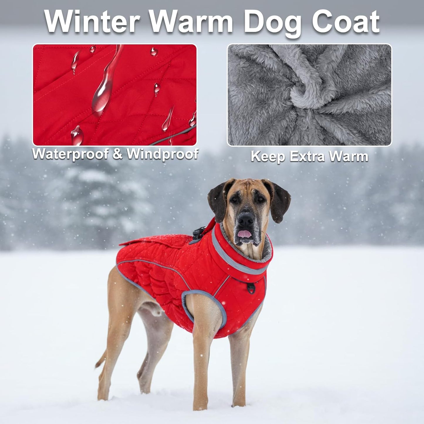 Dog Coat, Warm Dog Winter Coat for Large Dogs, Waterproof Jacket with Harness Built in, Reflective Turtleneck Cold Weather Coats with Zipper,Pet Fleece Vest Snow Jacket, Red L