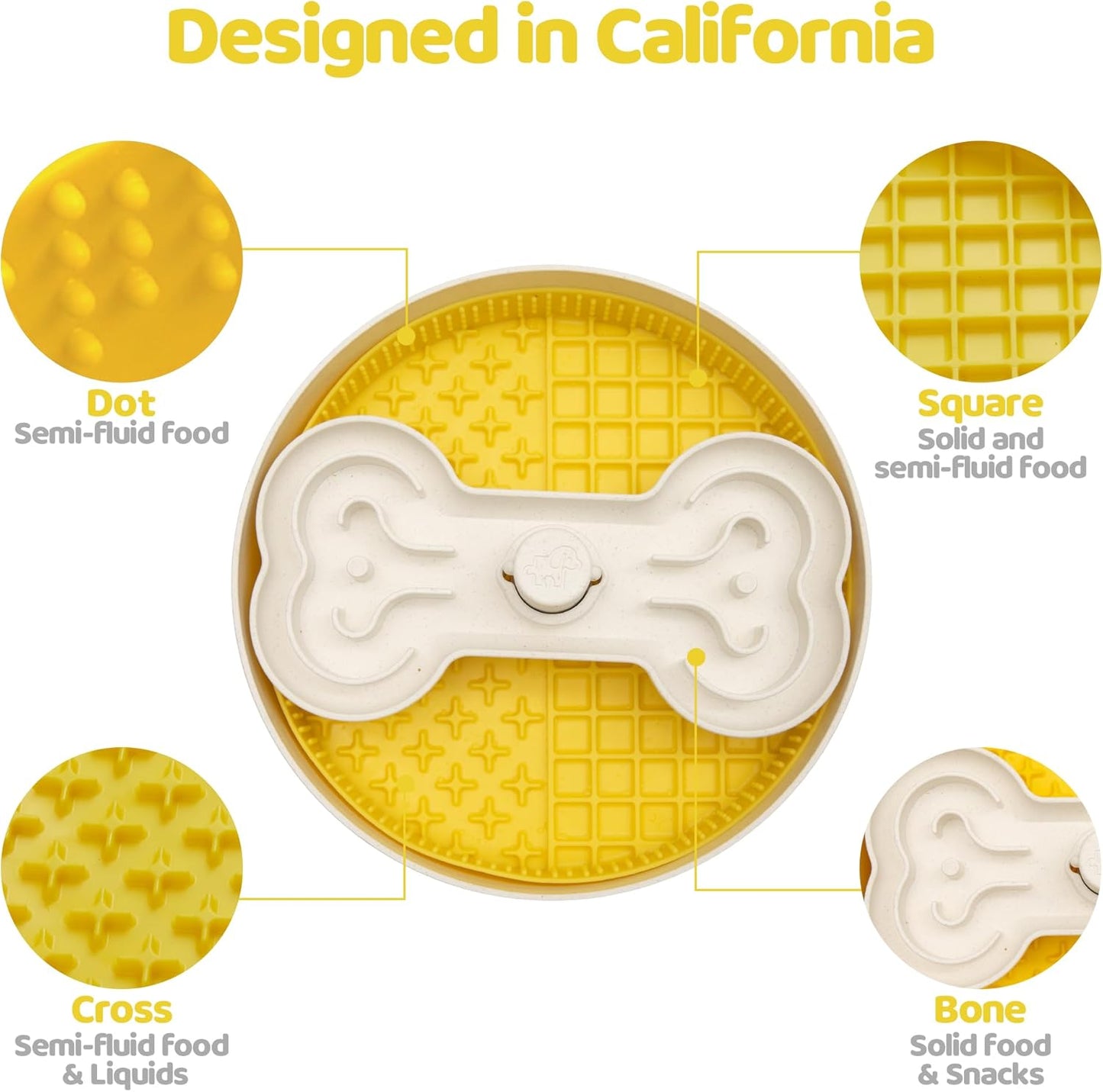 Puzzle Feeder Slow Feeder Dog Bowl with Lick Mat and Puzzle Inserts - Non-Slip Base, Adjustable Speed Design, Dishwasher Safe for Large Dogs,Yellow