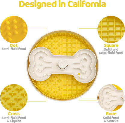 Puzzle Feeder Slow Feeder Dog Bowl with Lick Mat and Puzzle Inserts - Non-Slip Base, Adjustable Speed Design, Dishwasher Safe for Large Dogs,Yellow