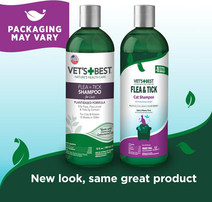 Vet’s Best Natural Flea and Tick Shampoo for Cats – Plant-Based Formula with Certified Essential Oils – Cat-Safe Flea Bath and Pest Control Treatment – Gentle and Effective – 12 oz Bottle