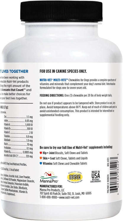 Nutri-Vet Multi-Vite Chewables for Adult Dogs, Daily Multivitamin & Mineral Supplement for Overall Health, Immune Support, and Balanced Nutrition, 180 Count