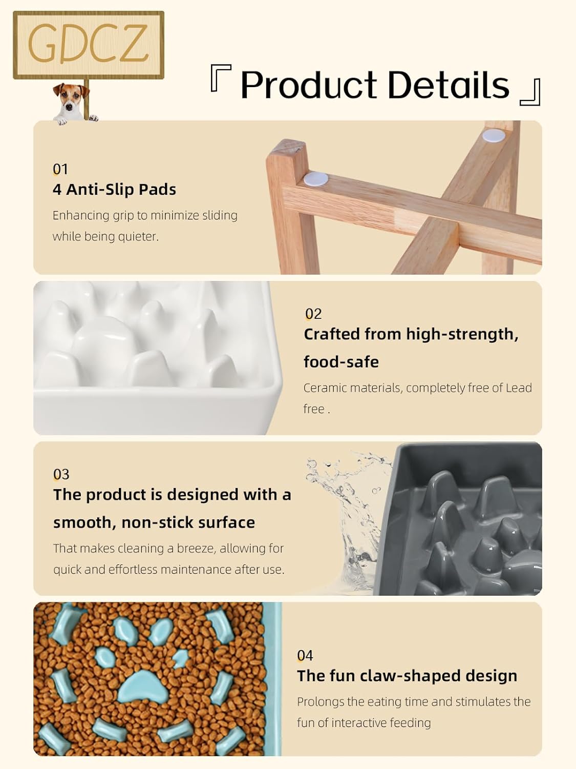 GDCZ Dog Slow Feeder Bowls, Square Ceramic Pet Food Bowl for Medium Breed, Fun Dog Bowls to Slow Down Eating (Grey, M-1.8 Cups+Stand)