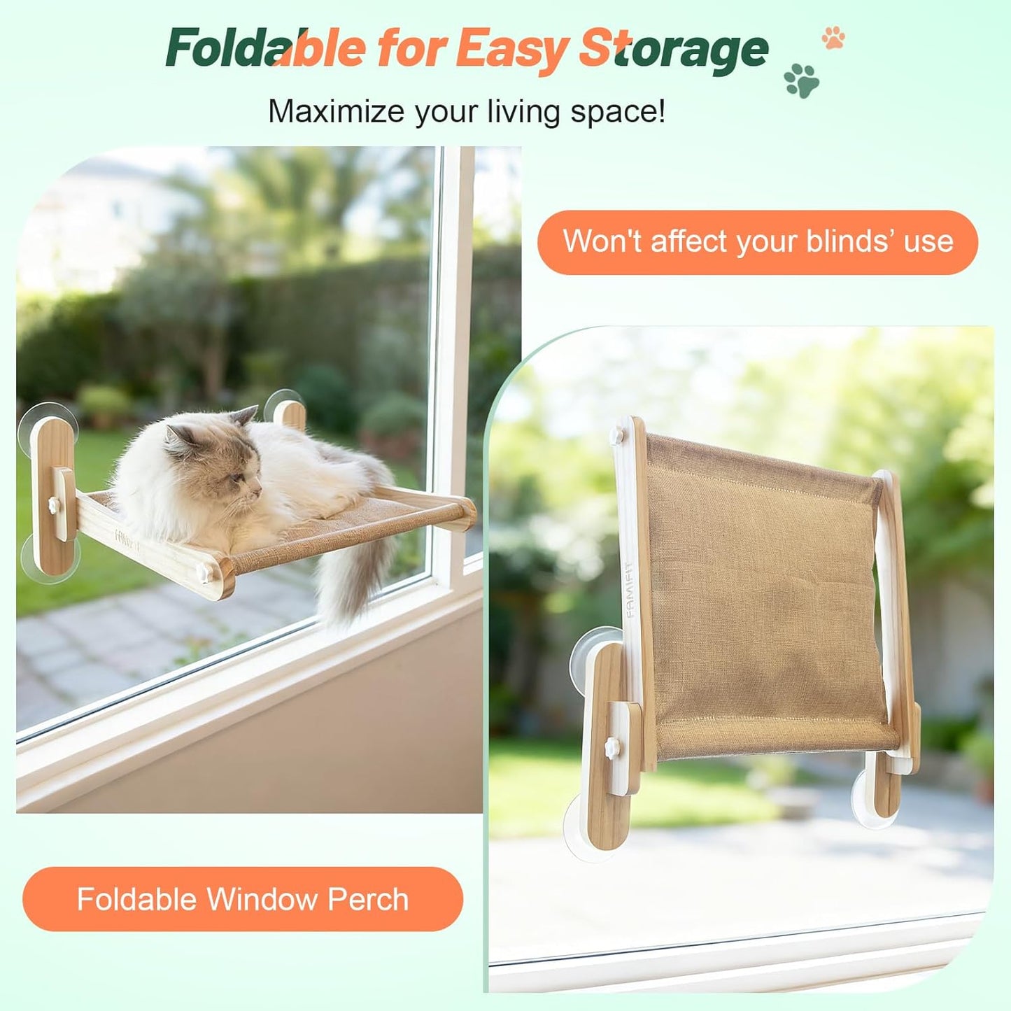 Foldable Cat Window Perch - Natural Pine Cat Sill Seat, 50LBS Heavy Duty Cordless Design, Space-Saving No-Scratch Window Hammock for Indoor Cats