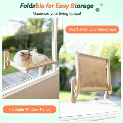 Foldable Cat Window Perch - Natural Pine Cat Sill Seat, 50LBS Heavy Duty Cordless Design, Space-Saving No-Scratch Window Hammock for Indoor Cats