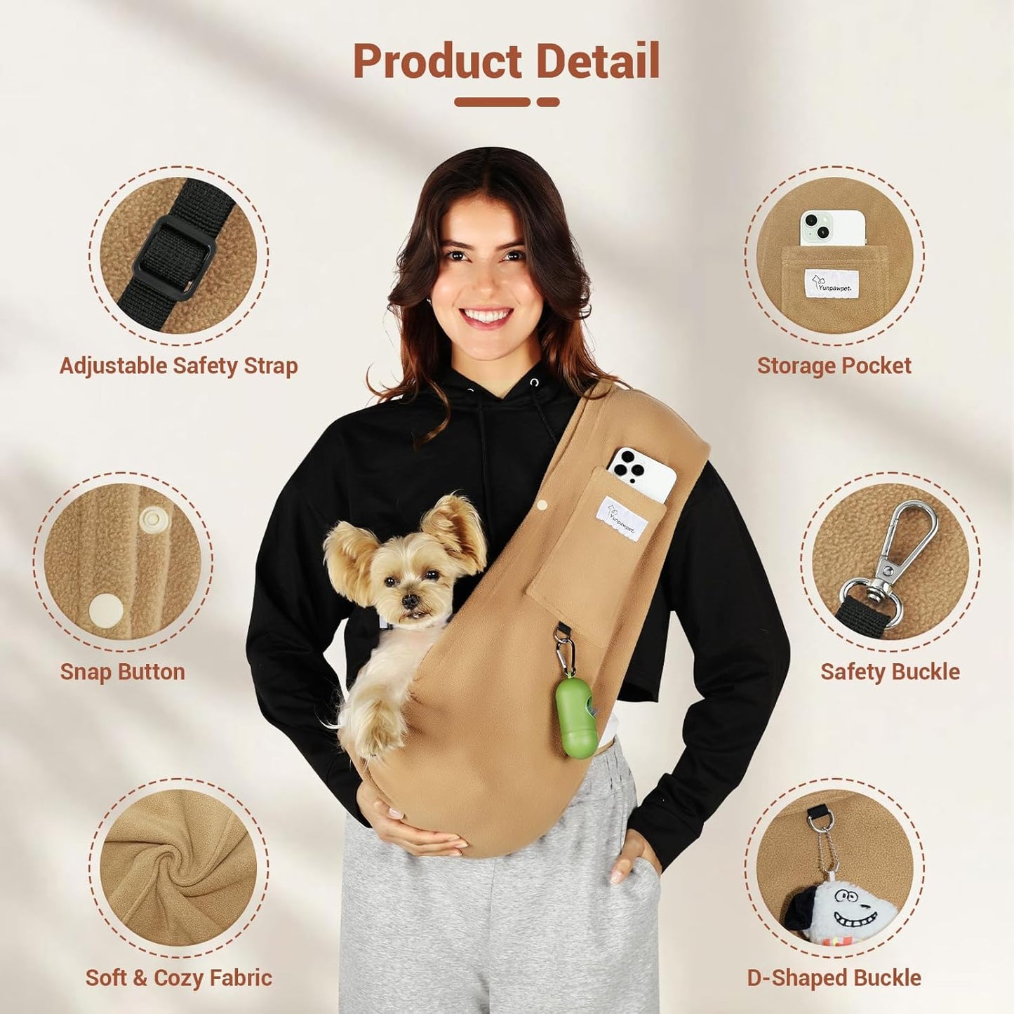 Dog Carrier Sling,Indoor Comfort Adjustable Cat Sling Carrier,with Front Pocket and Seat Belt Dog Carriers for Small Dogs Machine Washable,Suitable for Family Outdoor Use (Medium, Khaki)