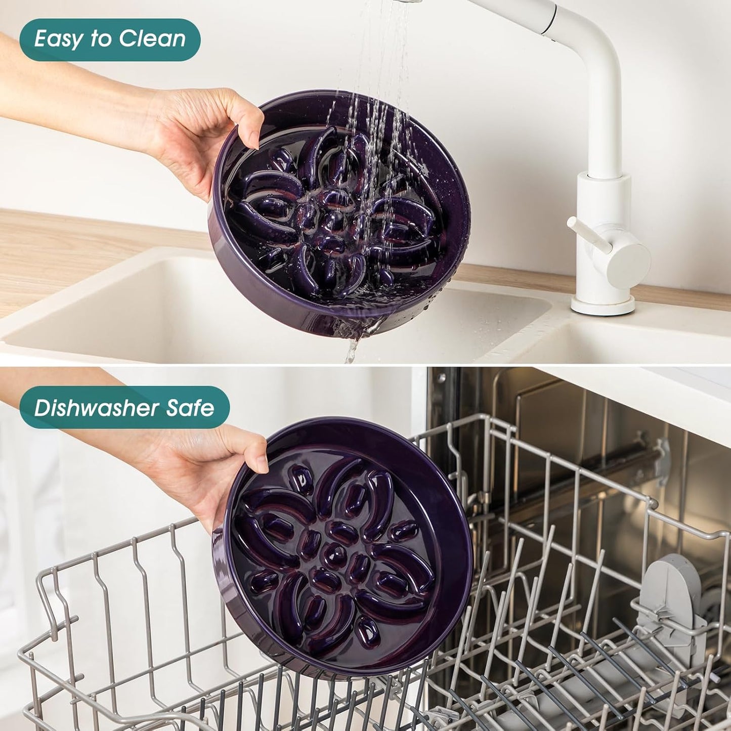 vancasso Ceramic Slow Feeder Dog Bowls, Puzzle Dog Food Bowls with Floral Maze, Anti -Slip Pet Food Dish for Medium Breed, 1.5 Cups, Purple