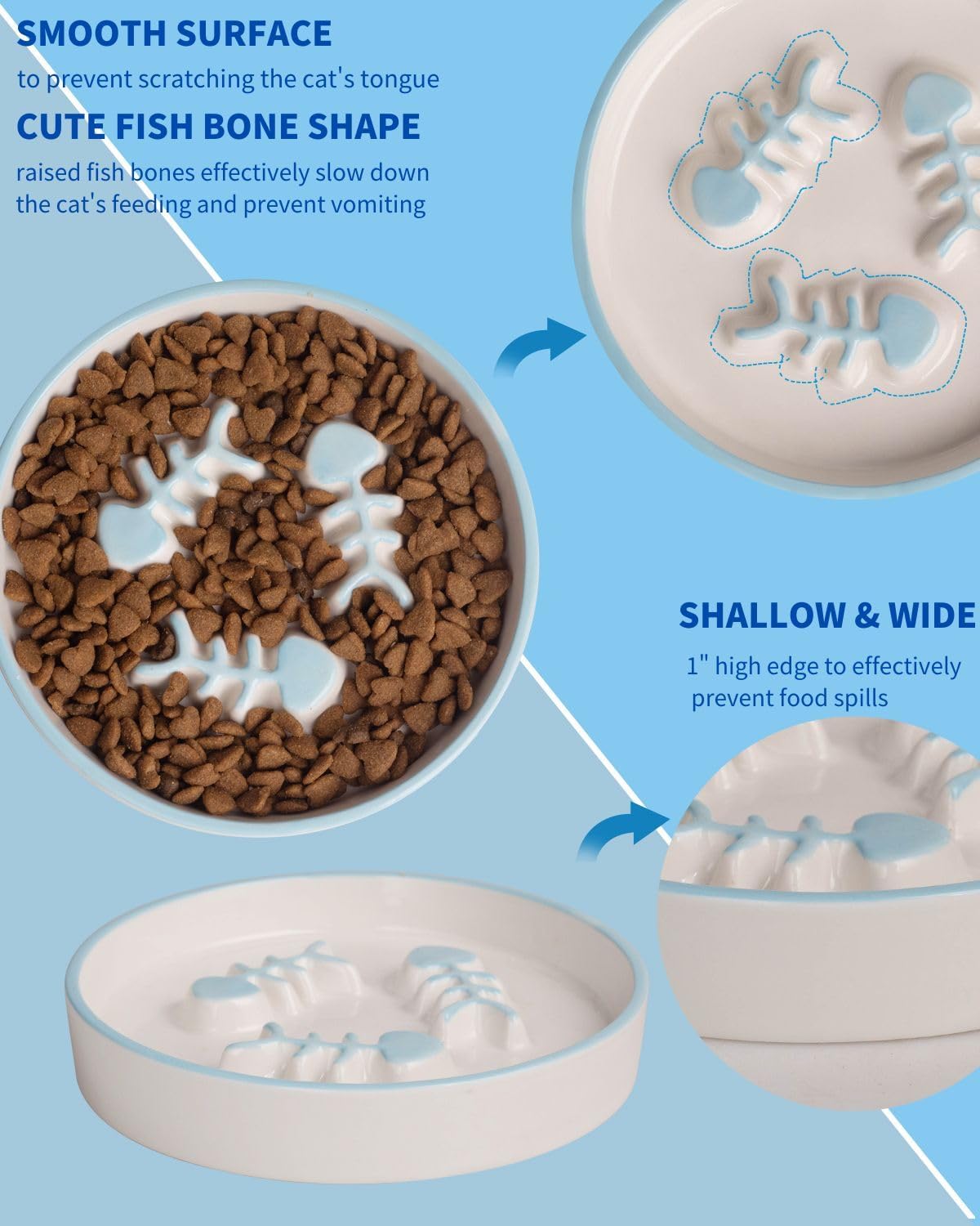 Elevated Cat Slow Feeder Bowls,Whisker Friendly Cat Bowl, Ceramic Raised Slow Feeder, Anti Vomit Promotes Digestion Bowls for Dry and Wet Food