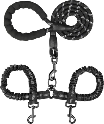 Double Dog Leash, Dual Dog Leash, 360° Swivel Tangle Free Bungee Walking Training for Large Medium Dogs, Shock Absorbing Bungee Reflective for Two Dogs, 18~120 lbs, Black