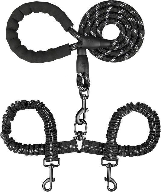 Double Dog Leash, Dual Dog Leash, 360° Swivel Tangle Free Bungee Walking Training for Large Medium Dogs, Shock Absorbing Bungee Reflective for Two Dogs, 18~120 lbs, Black