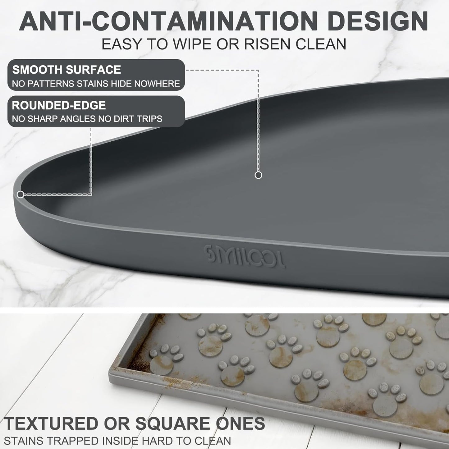 Small Silicone Pet Food Mat with Raised Edge for Food and Water Bowl, Square Dog Feeding Mats, Cat Food Trays for Floor Waterproof, Rubber Tray for Dogs and Cats, 12 x 12 x 0.7 Dark Grey