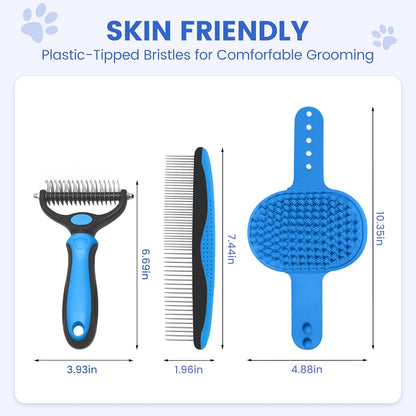 Double-Sided Pet Grooming Rake - 4-in-1 Professional Pet Grooming Kit, Deshedding Dematting Tool for Dogs, Cats, Extra-Wide Grooming Brush & Deshedder Comb for Long and Short Haired Pets (4PCS Blue)