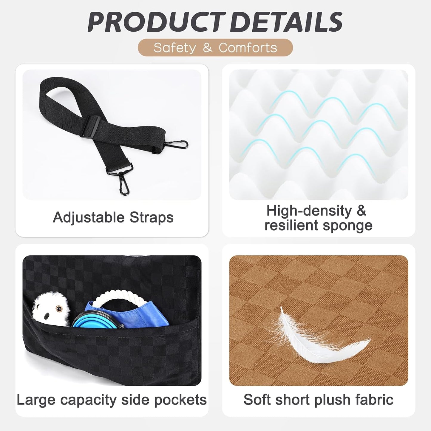 JOEJOY Elevated Dog Car Seat for Small/Medium Dogs up to 35 lbs, Memory Foam Booster Seat with Detachable Washable Cover, Travel-Safe Car Bed with Safety Belts & Storage Pockets, Brown