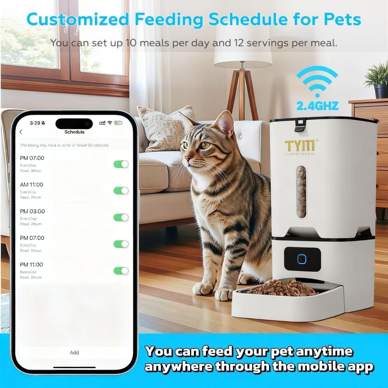 TYM Automatic Cat Feeder, 7L Cat Food Dispenser with 2.4G WiFi, Timed Cats Feeder with APP Control, Auto Pet Food Dispenser for Small Pets, Dogs, Fresh Food, Dual Power Supply, Detachable for Easy