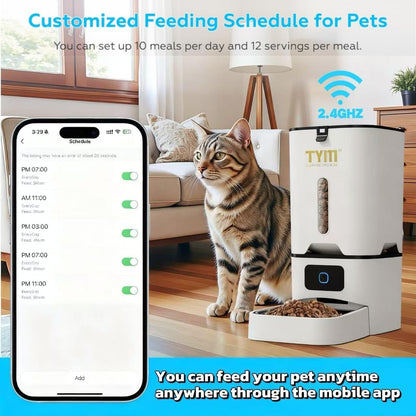 TYM Automatic Cat Feeder, 7L Cat Food Dispenser with 2.4G WiFi, Timed Cats Feeder with APP Control, Auto Pet Food Dispenser for Small Pets, Dogs, Fresh Food, Dual Power Supply, Detachable for Easy