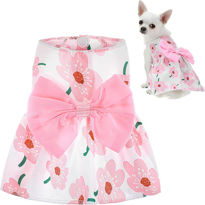 Dog Floral Dress, Cute Dog Dresses with Pink Bow, Pet Princess Dresses, Pink Floral Dogs Cat Clothes, Spring Summer Pet Clothes for Chihuahua, Yorkie, Puppy and Small Cats (XS Size)