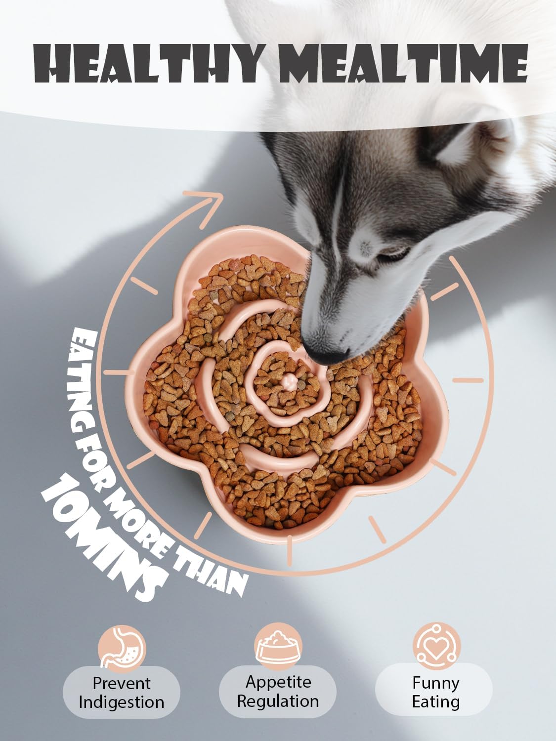 Ceramic Slow Feeder Dog Bowl, Anti-Choking Slow Food Bowls, 8" 11.3oz Slow Feeder for Medium, Large Breeds, Plum Puzzle Design, Non-Slip Silicone, Dishwasher and Microwave Safe, Pink