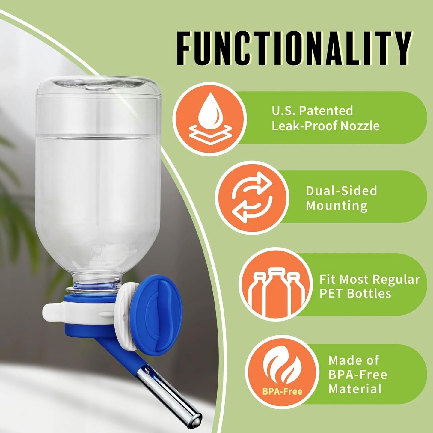 Choco Nose No-Drip Water Bottle Feeder for Guinea Pigs, Hamsters, Bunnies, Ferrets, & Small Pets, 10.2 fl.oz, 300ml - Easy to Install in Cages/Crates, US Patented Leakproof Nozzle 10mm, Blue (C128)