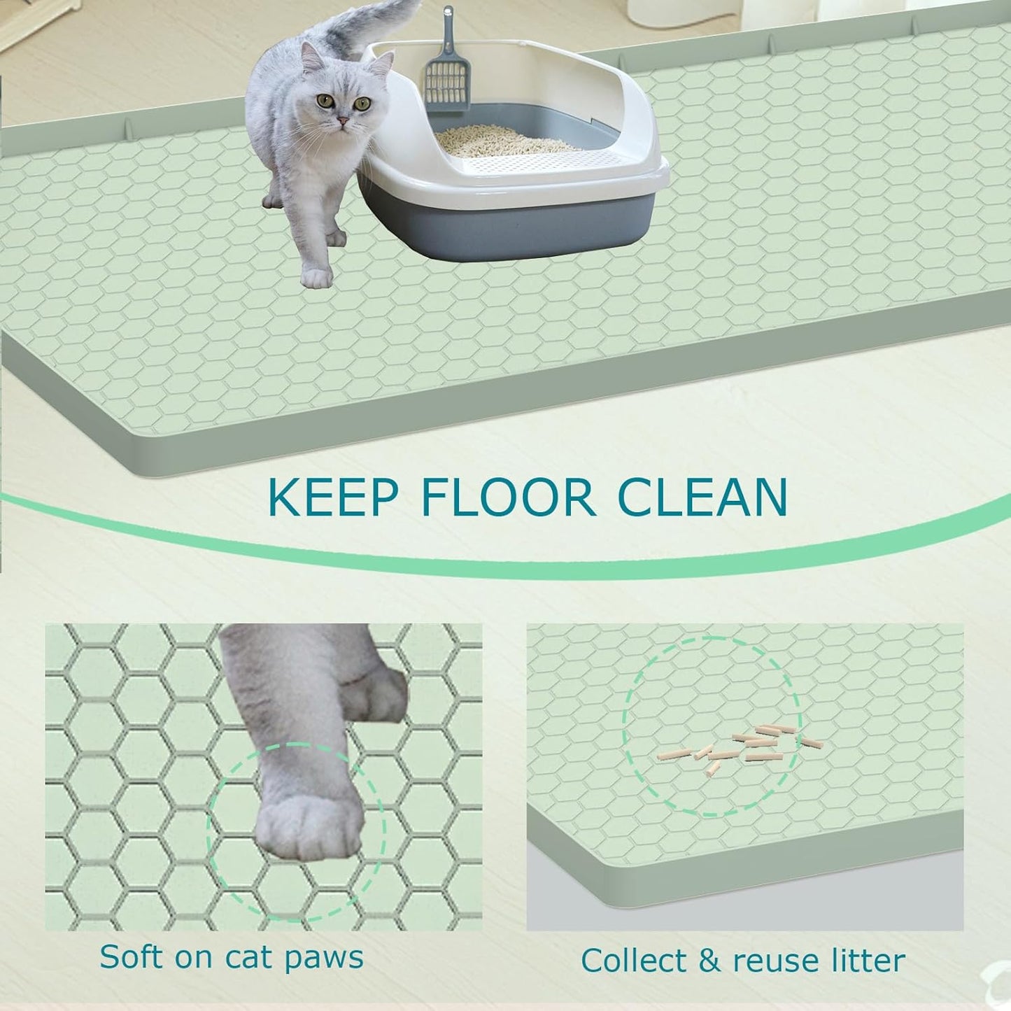 Cat Litter Mat for Litter Box, Silicone Large Cat Litter Trapping Mat - 28x19 in, Waterproof & Non-Slip, Durable & Easy Clean, Green