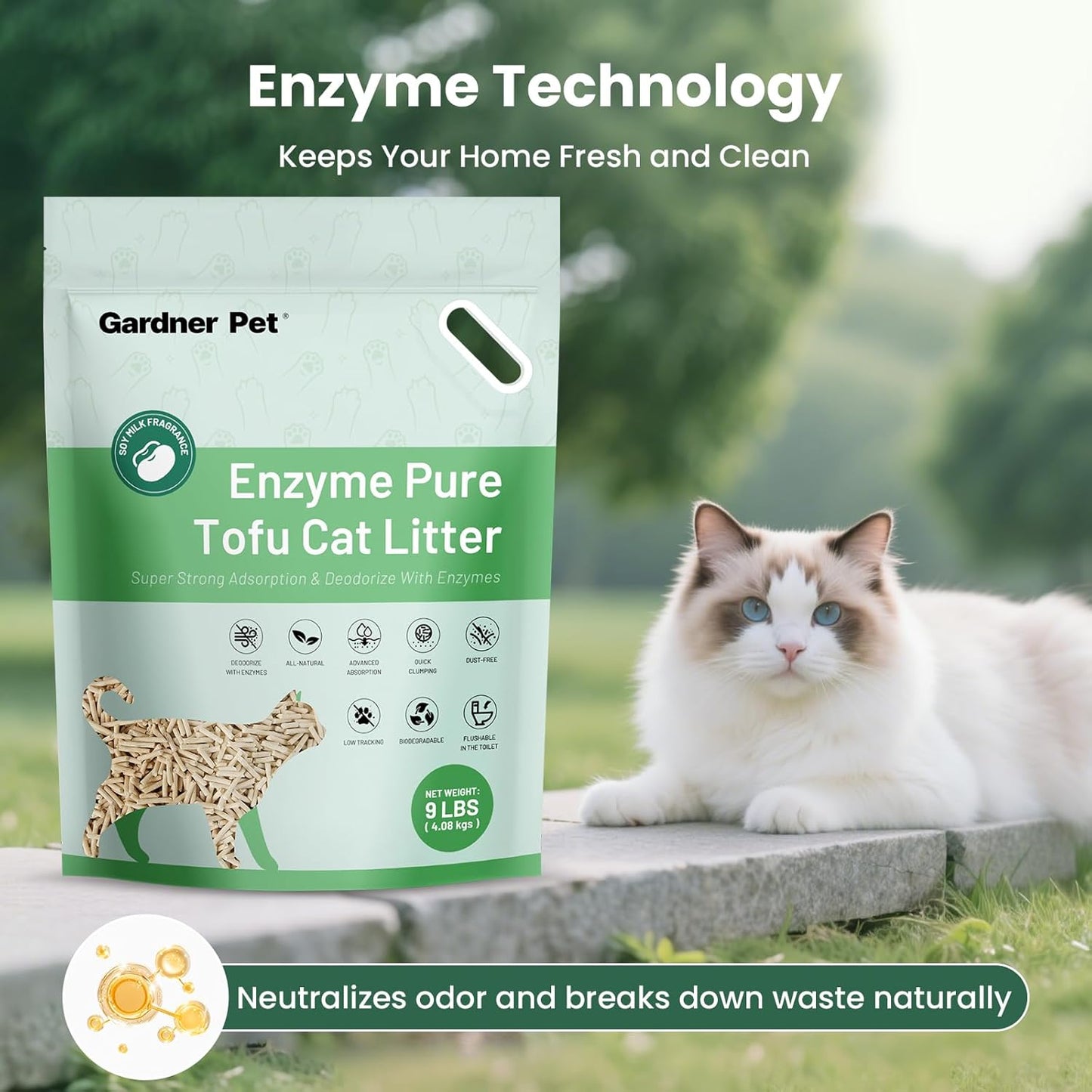 Gardner Pet Enzyme Tofu Cat Litter, Flushable Clumping Cat Litter, Low Dust, Odor Control, Plant-Based Natural Kitten Litter with Fast Absorption & Low Tracking (9LBS*2)