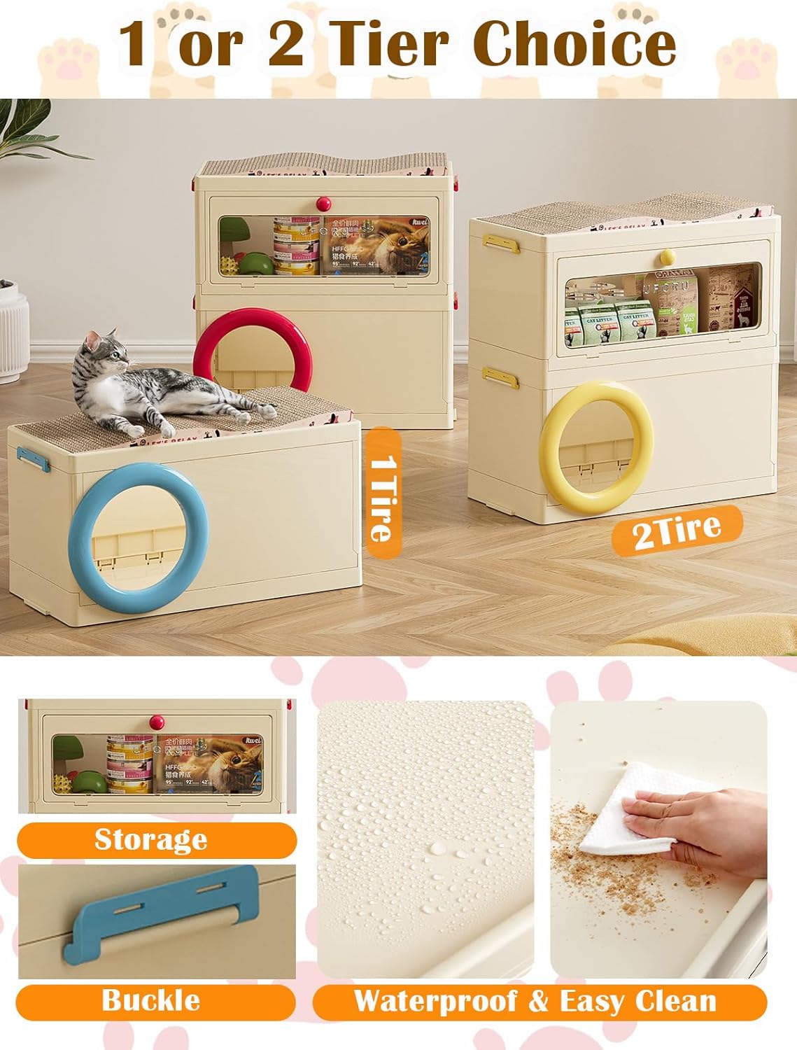 3 in 1 Plastic Cat House with Scratching Board, Foldable Feral Cat Shelter with Pet Supply Storage Bin, Waterproof Weatherproof for Outdoor Indoor Use