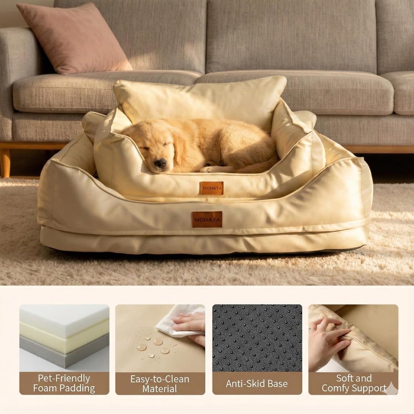 L Dog Sofa Bed for Large Dogs – Orthopedic Couch with Supportive Bolster Sides, Easy-Clean Wipeable Surface, Removable Cover, Non-Slip Bottom, 31.5x22x10.6 Inch