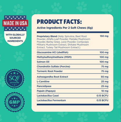 Senior Dog Supplement - Glucosamine, MSM, Turmeric, Salmon Oil, Probiotics & Ashwagandha - Supports Cognitive, Hip & Joint, Digestive, Immune & Heart Health - Dog Dementia Supplement.