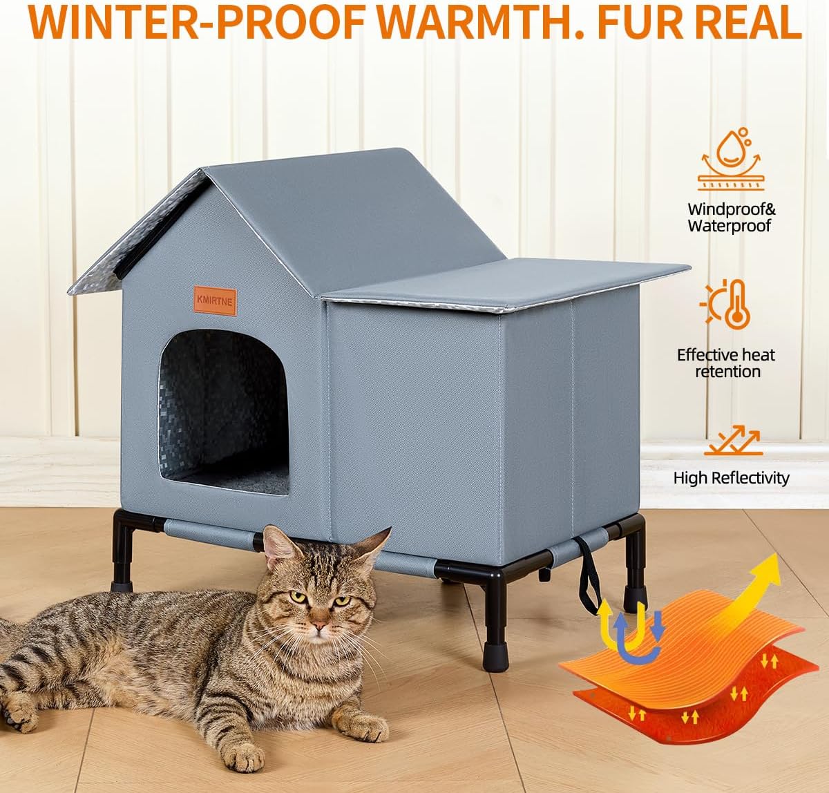 Insulated Outdoor Cat House Weatherproof Winter Feral Cat Shelter Elevated Bottom Self-Warming Predator-Proof Design for Stray & Indoor Cats (Grey, Large)