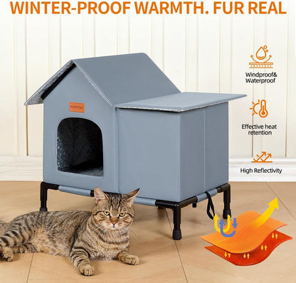 Insulated Outdoor Cat House Weatherproof Winter Feral Cat Shelter Elevated Bottom Self-Warming Predator-Proof Design for Stray & Indoor Cats (Grey, Large)