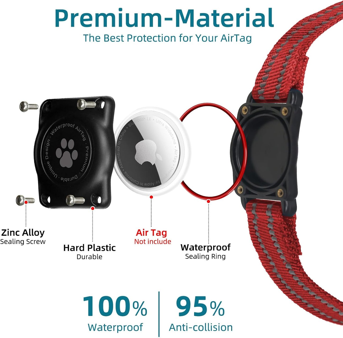 Airtag Dog Collar, 100% Waterproof Integrated Apple Air Tag Dog Collars, Reflective GPS Dog Collar with Hard PC AirTag Holder Case for Small Medium Large Dog (Red)