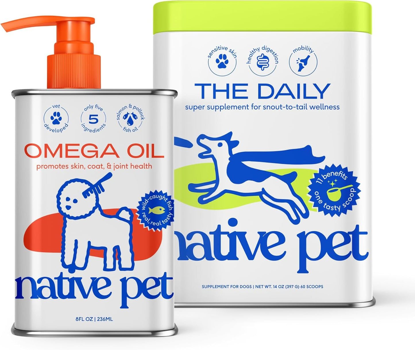 Native Pet Pack Leaders Bundle - Daily Multivitamin (60 Scoops) & Omega Oil for Dogs (8 Oz.) - Omega 3 Fish Oil for Healthy Skin, Shiny Coat, & Strong Joints & Daily Multivitamin for Dogs
