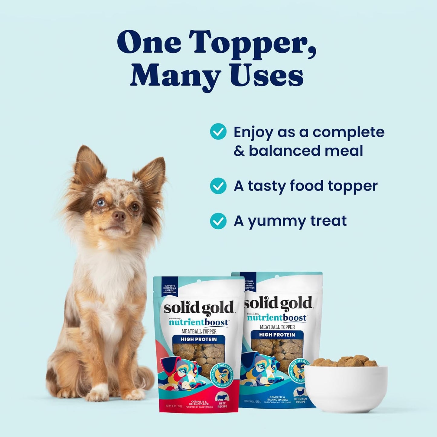 Solid Gold Meatball Dog Food Toppers for Dry Food- High Protein Beef Meatball Topper for Dogs - Complete Meal, Meal Mix in or Soft Dog Treats - Supports Gut Health - 3 Pack *Refrigerate After Opening*