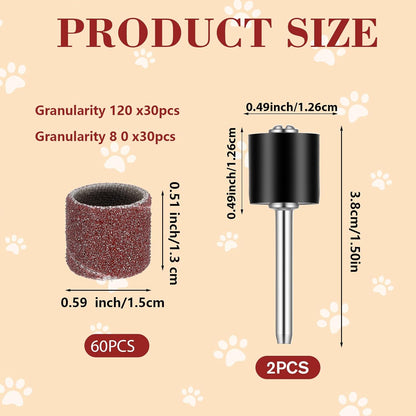 62Pcs Pet Nail Grinder Replacement Kit with Grit Sanding Bands, Dog Grinding Drums Nail Smoother Sanding Drum Set for Dogs Claw Care Grooming Supplies (80#/120#)