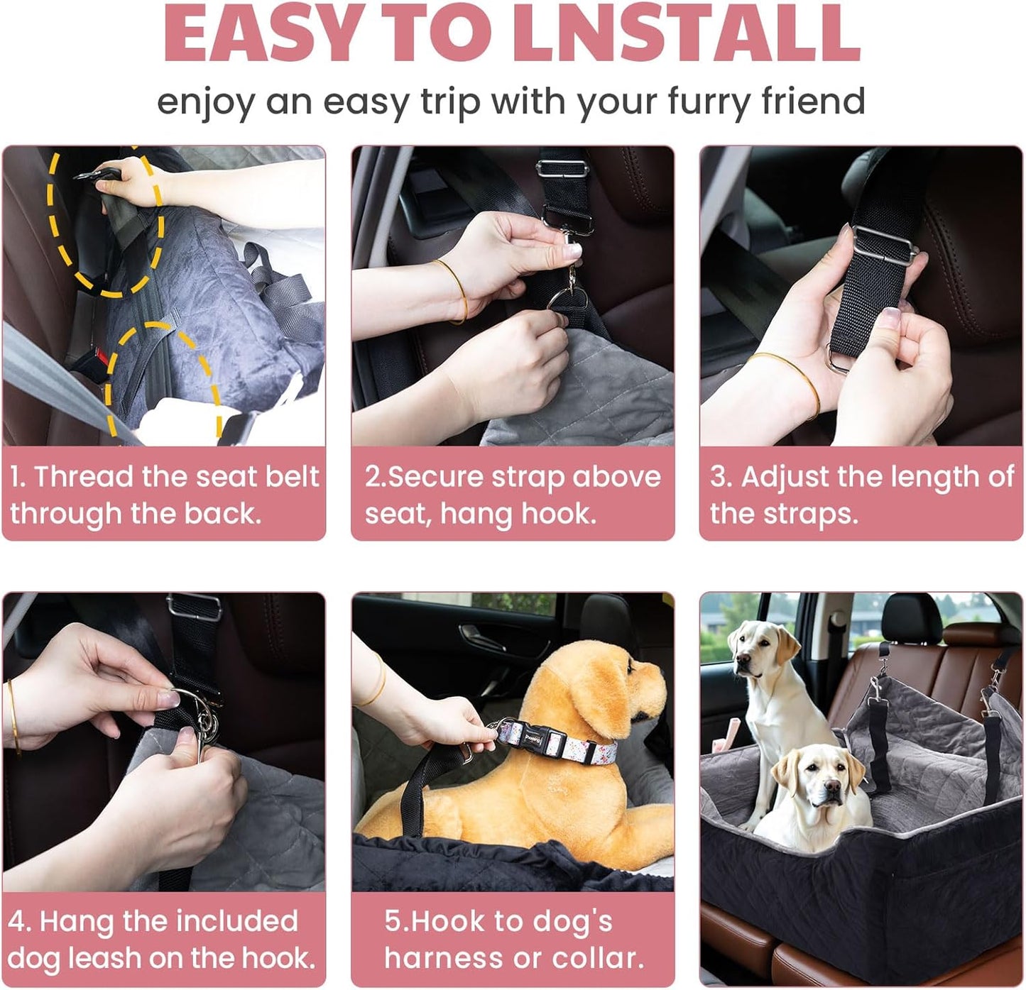 Dog Car Seat for Large/Medium Dogs, Dog Booster Seat for Under 50lbs or 2 Small Dogs, Non-Slip Removable and Washable Pet Car Seat,2 Safety Leashes, Travel Pet Bed, Black