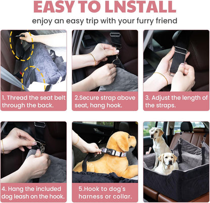 Dog Car Seat for Large/Medium Dogs, Dog Booster Seat for Under 50lbs or 2 Small Dogs, Non-Slip Removable and Washable Pet Car Seat,2 Safety Leashes, Travel Pet Bed, Black