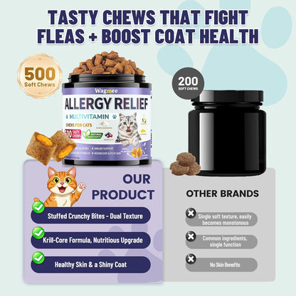 Cat Allergy Relief Chews – 500 Crunchy & Creamy Treats for All Breeds – Cat Itchy Skin & Seasonal Allergy Relief with Multivitamin and Omega-3 for Skin Health, Chicken & Krill Flavor