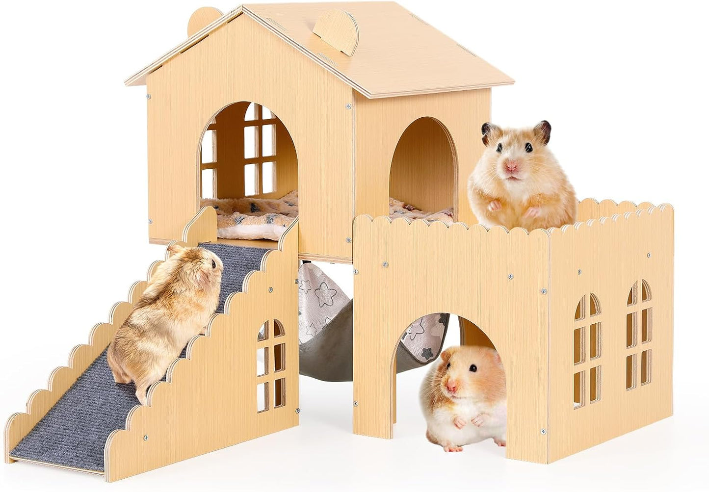 Guinea Pig Hideout with Hammock & Ramp – Multi-Level Wooden Small Animal House for Hamsters, Rabbits, Chinchillas | Easy Assembly Guinea Pig Cages