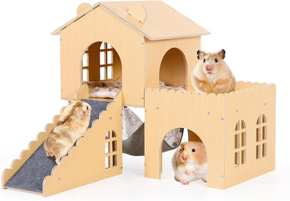 Guinea Pig Hideout with Hammock & Ramp – Multi-Level Wooden Small Animal House for Hamsters, Rabbits, Chinchillas | Easy Assembly Guinea Pig Cages