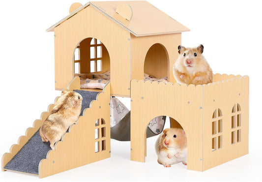 Guinea Pig Hideout with Hammock & Ramp – Multi-Level Wooden Small Animal House for Hamsters, Rabbits, Chinchillas | Easy Assembly Guinea Pig Cages