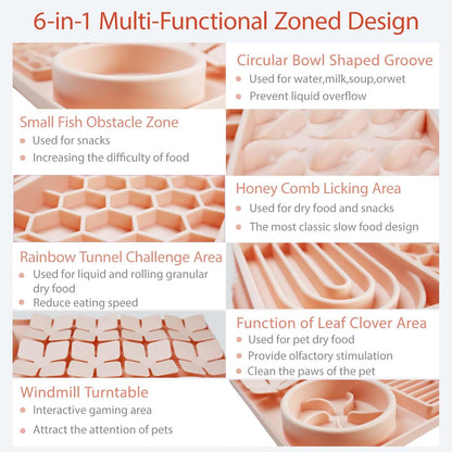 Silicone Licking Mats 6 in 1 for Dogs Cats - Slow Feeder Mat for Smell Training with Water Groove, Snuffle Mats with Suction Cups, Anxiety Relief and Boredom Reducer, Silicone Foldable Bowl