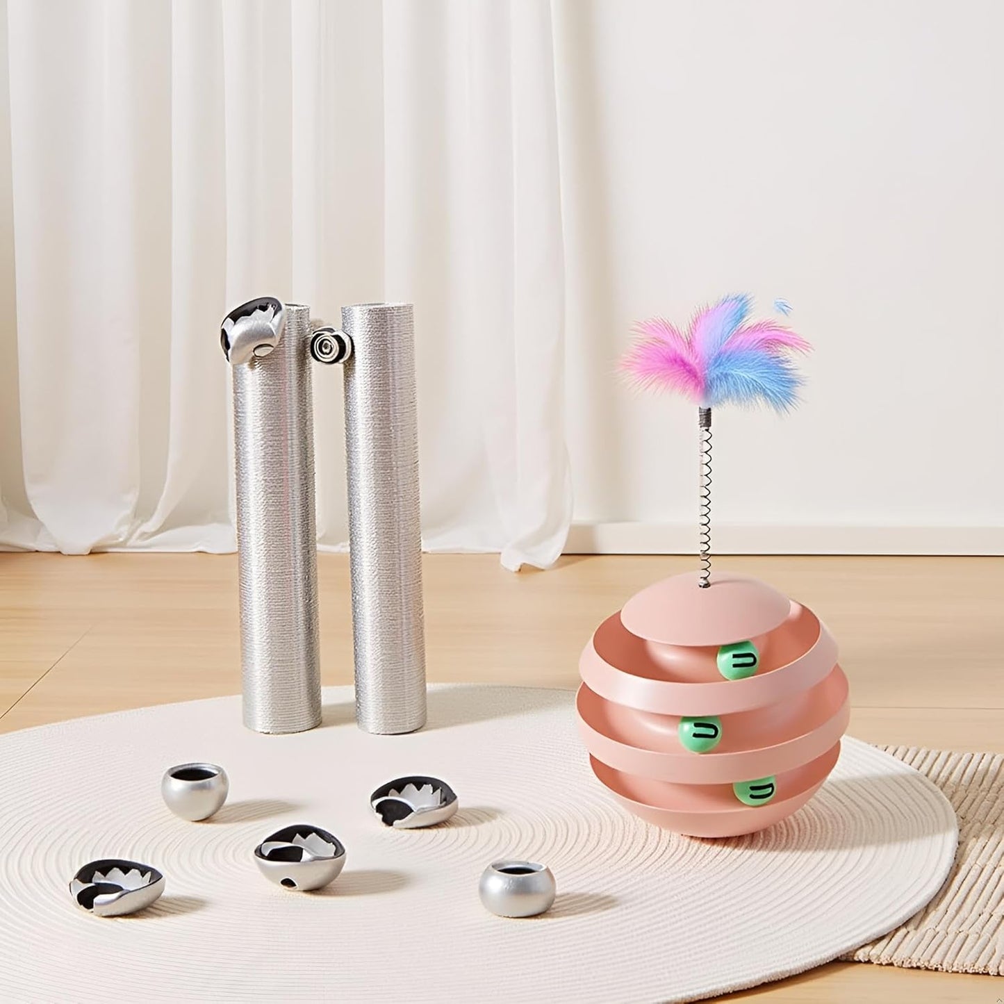 Interactive Cat Toy, Wobble Rotating Fun Tumbler Tunnels with Feather Sticks for Indoor Cats to Play Alone, Exercise & Reduce Anxiety (Pink)