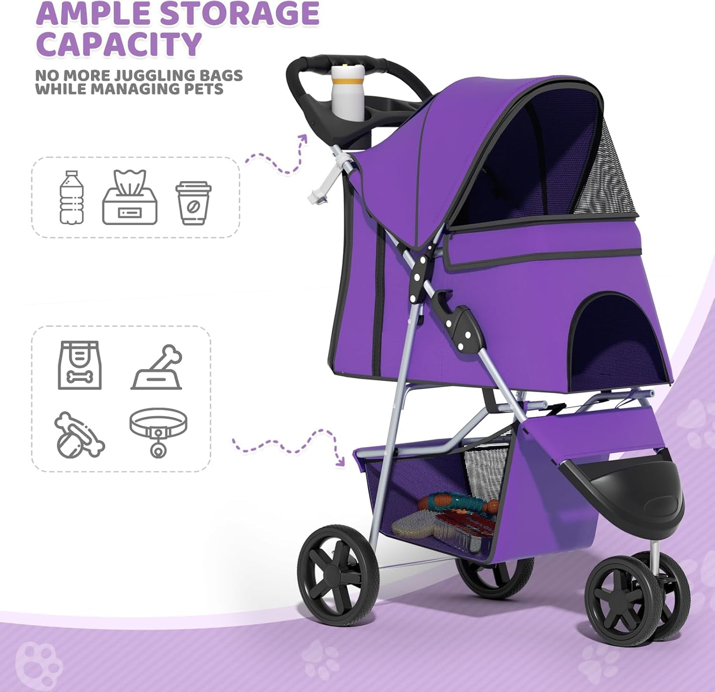 Magshion 3-Wheel Pet Stroller, Foldable Travel Jogger for Small & Medium Dogs & Cats (Up to 33lbs), Lightweight Carrier with Breathable Mesh Cover, Cup Holder & Storage Basket, Purple