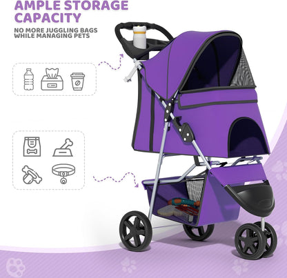 Magshion 3-Wheel Pet Stroller, Foldable Travel Jogger for Small & Medium Dogs & Cats (Up to 33lbs), Lightweight Carrier with Breathable Mesh Cover, Cup Holder & Storage Basket, Purple
