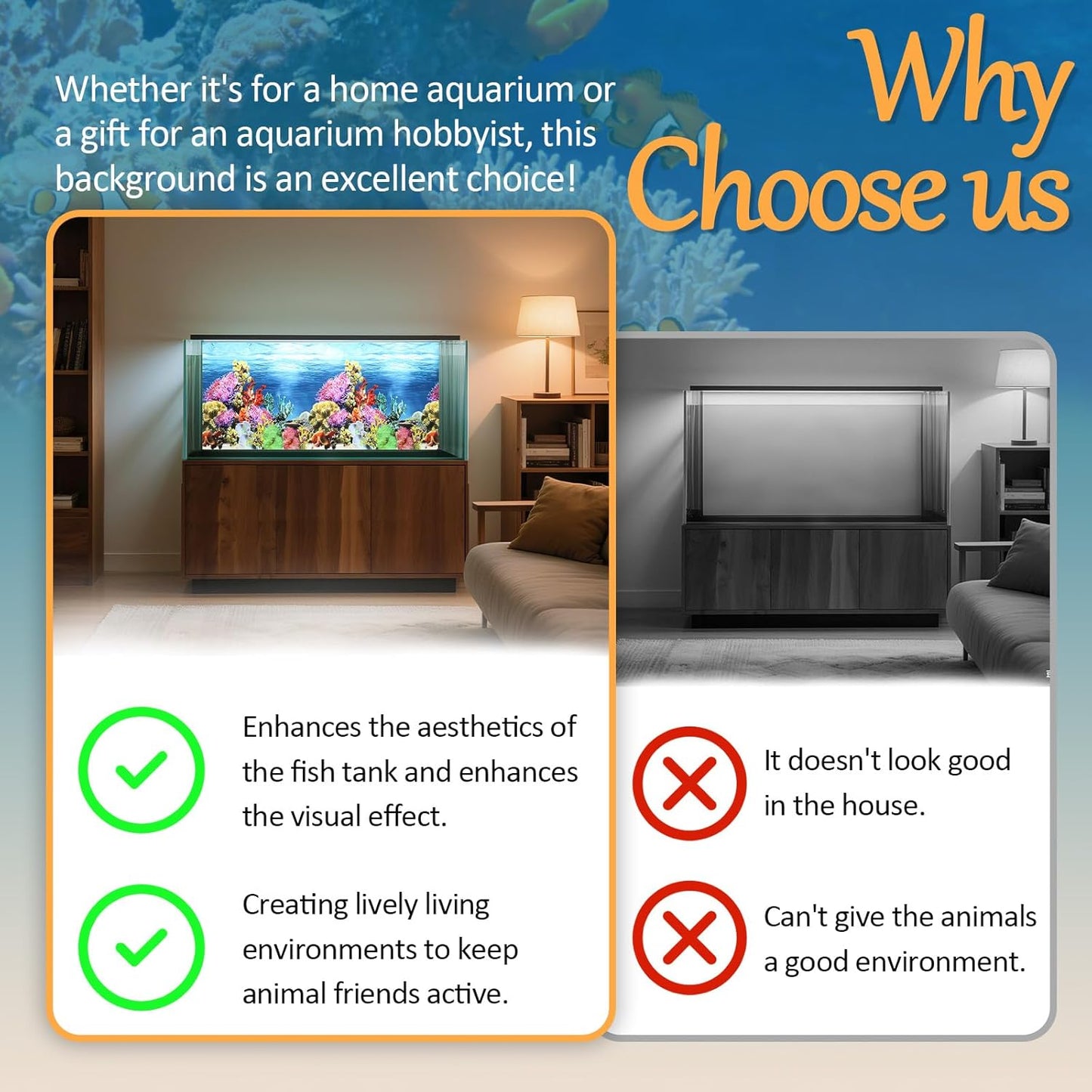 2 Pack 32 x 16 inches Aquarium Backgrounds, Double-Sided Fish Tank Wallpaper, 3D Cora Water Plants Terrarium Background with Adhesive Tape, Ocean Theme Fish Tank Backdrop (2 Pcs)