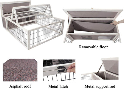 Tortoise House Habitat Wooden, Chicken Coop with Run Rabbit Hutch Small Animal Hutch Enclosure Indoor/Outdoor-Grey + White Trim