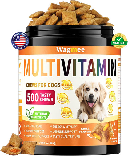 Dog Multivitamin, 500 Crunchy & Tasty Chew - Supports Daily Energy, Heart Health, Skin & Coat with Taurine, Krill Oil Omega-3, B Complex Vitamins & Zinc - Daily Multivitamin for All Breeds & Ages