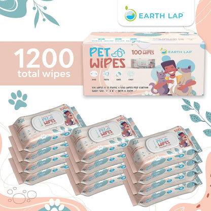 100% Biodegradable Premium Pet Wipes | Grooming Wet Wipes for Dogs, Cats, Puppies & Small Pets | Dry Bathing, Grooming Paws, Body, Ears and Butt, Fragrance-Free 1200 Count (100 * 12 Pack)
