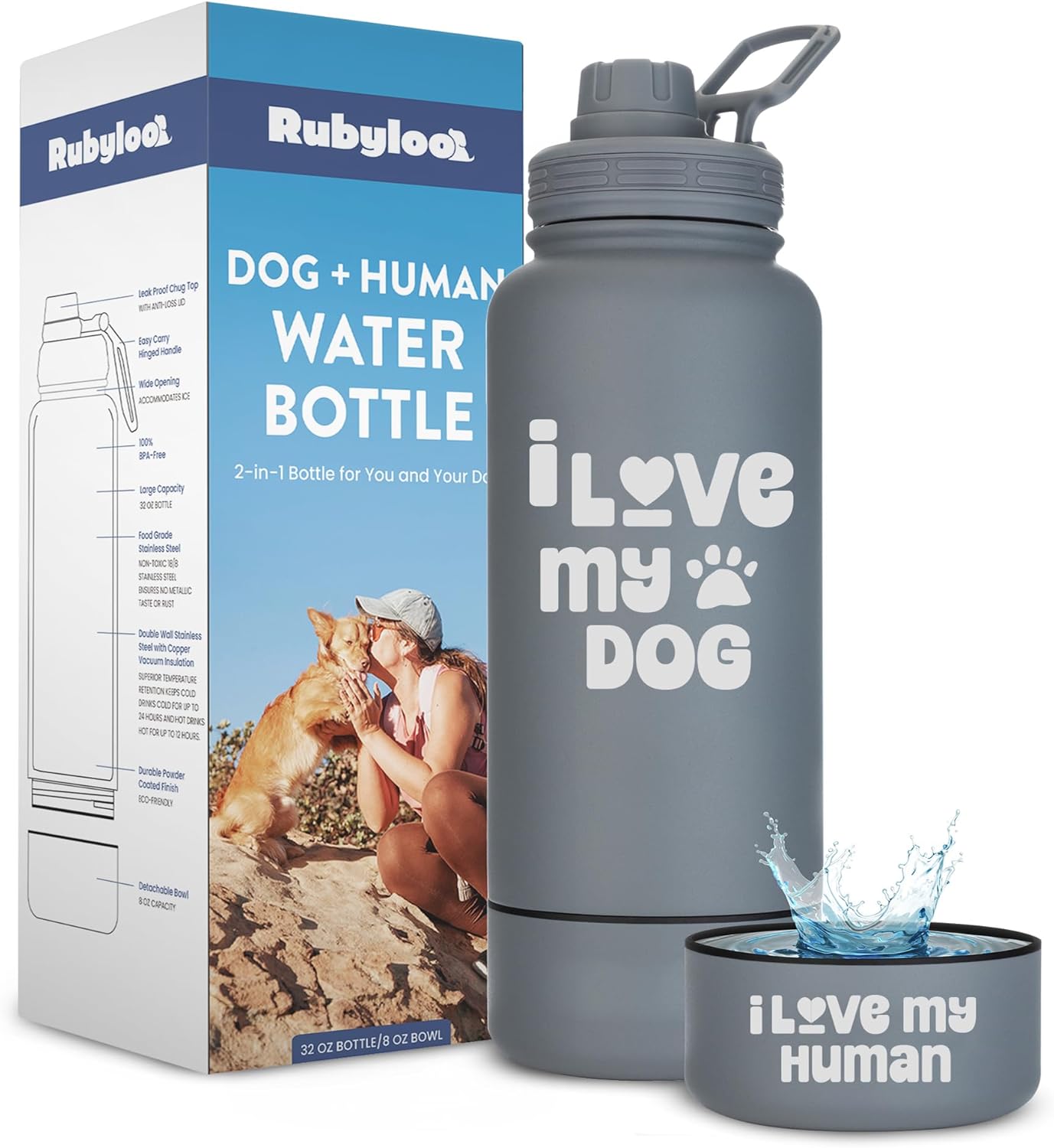 rubyloo Dog Mom Essentials Bundle - Puffer Tote with Storage Containers (Rust) and 32 oz Water Bottle with Detachable Bowl (I Love My Dog) - Travel Bag and Hydration Set
