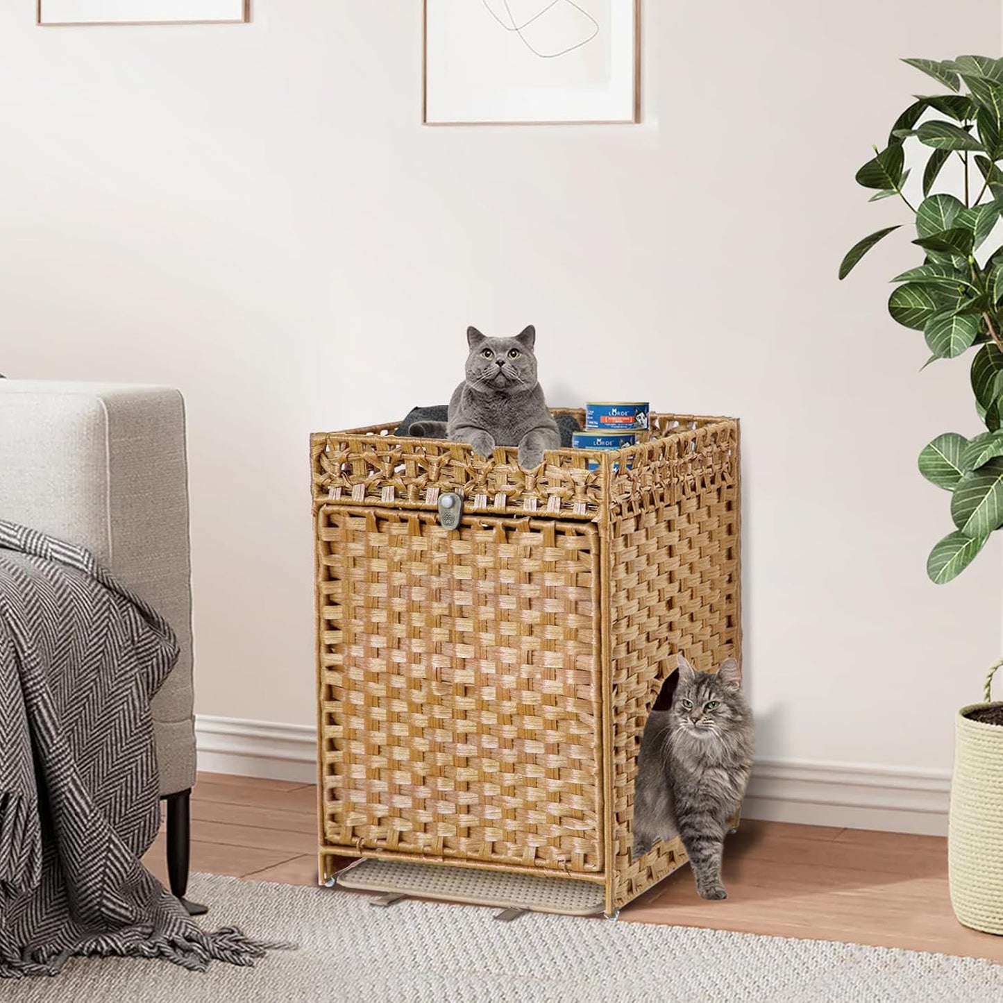 KOUSEI Handwoven Rattan Cat Litter Box Enclosure Furniture - Hidden Indoor Pet House with Door & Mat, Discreet Washroom Cabinet for Living Room and Bedroom, Natural