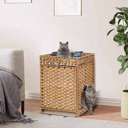 KOUSEI Handwoven Rattan Cat Litter Box Enclosure Furniture - Hidden Indoor Pet House with Door & Mat, Discreet Washroom Cabinet for Living Room and Bedroom, Natural