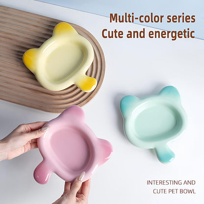 Pink Gradient Ceramic Cat Dish with Handle, 7.68-Inch Length,6.69-Inch Wide and 1.18-Inch Tall Saucer with 7.07-Ounce Capacity Cute Ears Shaped Pet Bowl for Cats and Small Dogs(Pink)